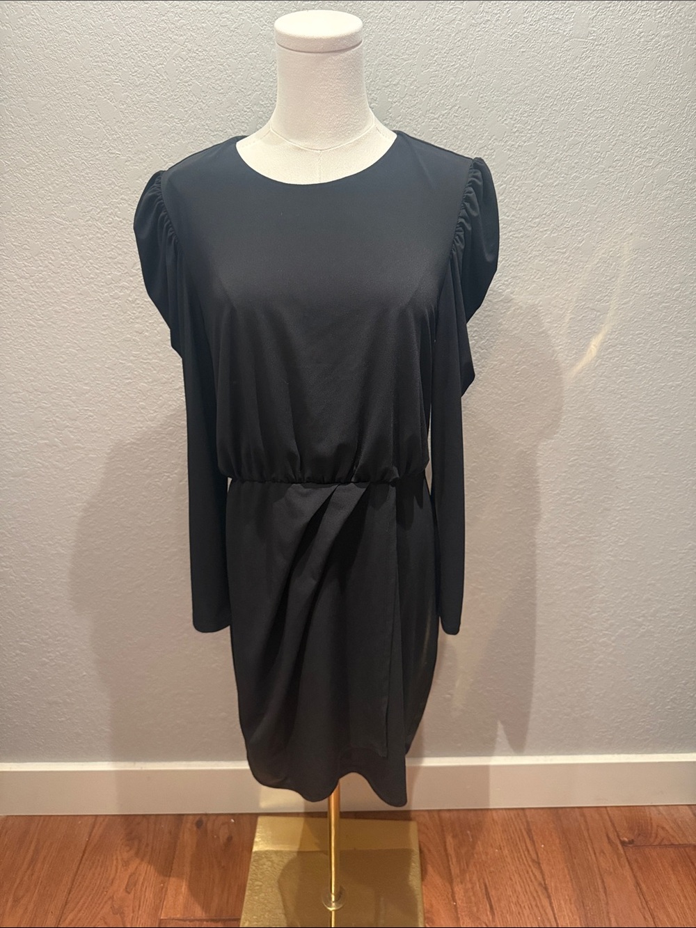 Express Black Long-Sleeve Waist-Detail Dress